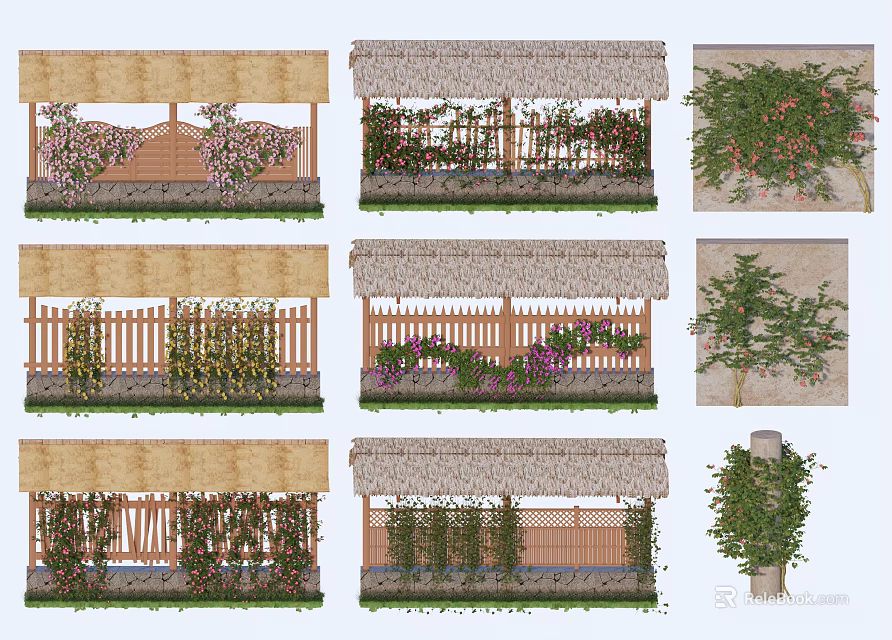 Vines Growing On Garden Fence And Trellis With Green Leaves And Flowers 3d model 