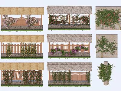 Vines Growing On Garden Fence And Trellis With Green Leaves And Flowers 3d model