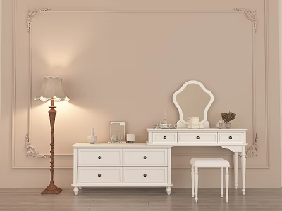 Classic White Dressing Table with Mirror Stool Floor Lamp and Decorative Items on Beige Wall 3d model