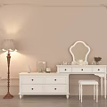 Classic White Dressing Table with Mirror Stool Floor Lamp and Decorative Items on Beige Wall