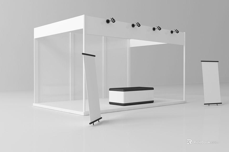White Exhibition Booth with Transparent Sides Top Spotlights Roll-up Banner and Black White Display Stand 3d model 