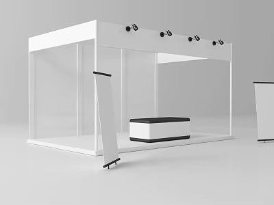 White Exhibition Booth with Transparent Sides Top Spotlights Roll-up Banner and Black White Display Stand 3d model