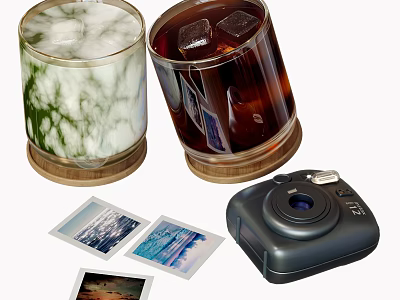 Stylish Drinkware Set With Two Glasses Wooden Coasters Ice Cubes And Beverages Near Camera 3d model