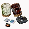 Stylish Drinkware Set With Two Glasses Wooden Coasters Ice Cubes And Beverages Near Camera
