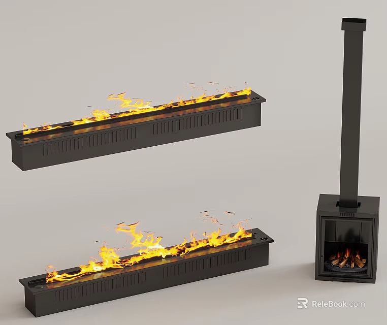 Modern Fireplace With Burning Flames Black Metal Long Linear And Chimney Styles 3d model 