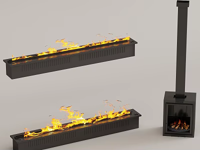Modern Fireplace With Burning Flames Black Metal Long Linear And Chimney Styles 3d model