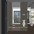 Modern Bathroom with Frosted Glass Block Wall Dark Wall Wooden Countertop and White Bear Decor