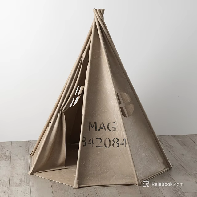 Natural Canvas Tepee Tent With Circular Windows Marked MAG 342084 On Wooden Floor 3d model 