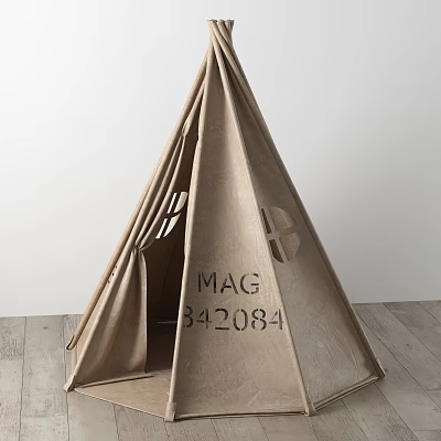 Natural Canvas Tepee Tent With Circular Windows Marked MAG 342084 On Wooden Floor 3d model