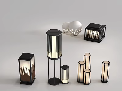 Modern Outdoor Lights With Black Frames Transparent Shades And Various Heights For Garden Decoration 3d model