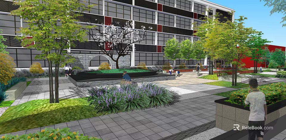 Urban Garden Landscape Design With Modern Building Green Plants Stone Pathways And Seating Area 3d model 