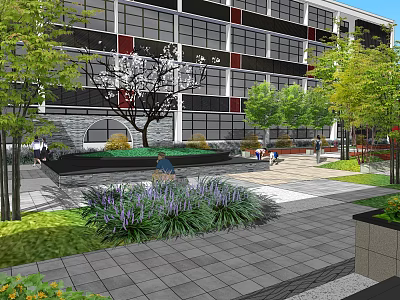 Urban Garden Landscape Design With Modern Building Green Plants Stone Pathways And Seating Area 3d model
