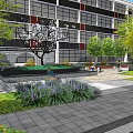 Urban Garden Landscape Design With Modern Building Green Plants Stone Pathways And Seating Area