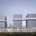Modern Multi Storey Office Building With Glass Curtain Wall And Skybridge Lighting
