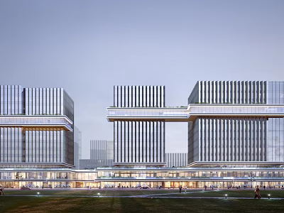 Modern Multi Storey Office Building With Glass Curtain Wall And Skybridge Lighting 3d model