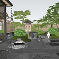 Karesansui Zen Garden Design With Raked Gravel Patterns Stone Arrangements Traditional Lanterns And Evergreen Plants