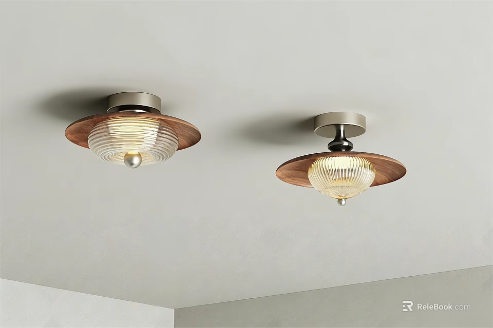 Two Modern Ceiling Lights With Wooden Frame And Transparent Lampshade On White Ceiling 3d model 