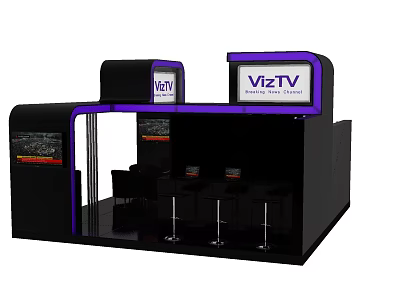 Modern Black VizTV Exhibition Booth With Purple Accents Logo Display Screens And Bar Stools 3d model