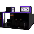 Modern Black VizTV Exhibition Booth With Purple Accents Logo Display Screens And Bar Stools