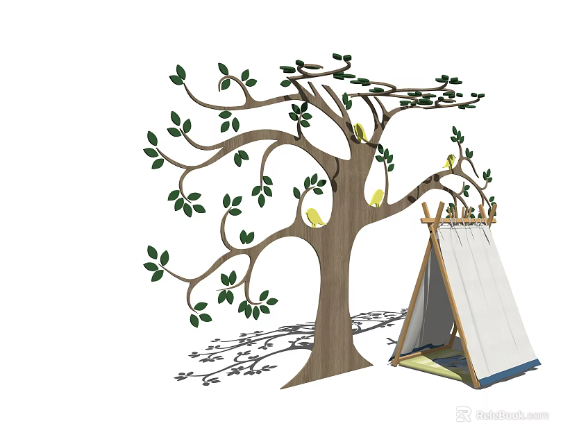 Tree Shaped Wall Decor With Green Leaves Yellow Pears And Small Tent 3d model 