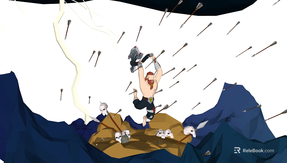 Game Movie Character Wielding Axe Amidst Flying Arrows Lightning Mountain Terrain And Skull Heads 3d model 
