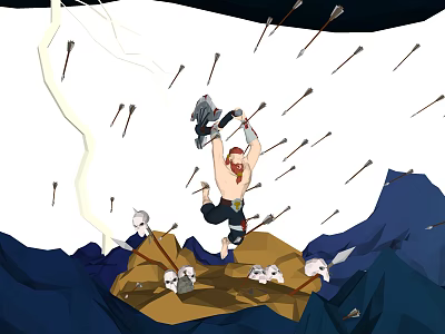 Game Movie Character Wielding Axe Amidst Flying Arrows Lightning Mountain Terrain And Skull Heads 3d model