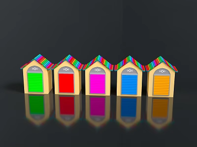 Colorful Small Houses With Green Red Pink Blue Orange Doors Striped Roofs And Black Reflections 3d model