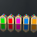 Colorful Small Houses With Green Red Pink Blue Orange Doors Striped Roofs And Black Reflections