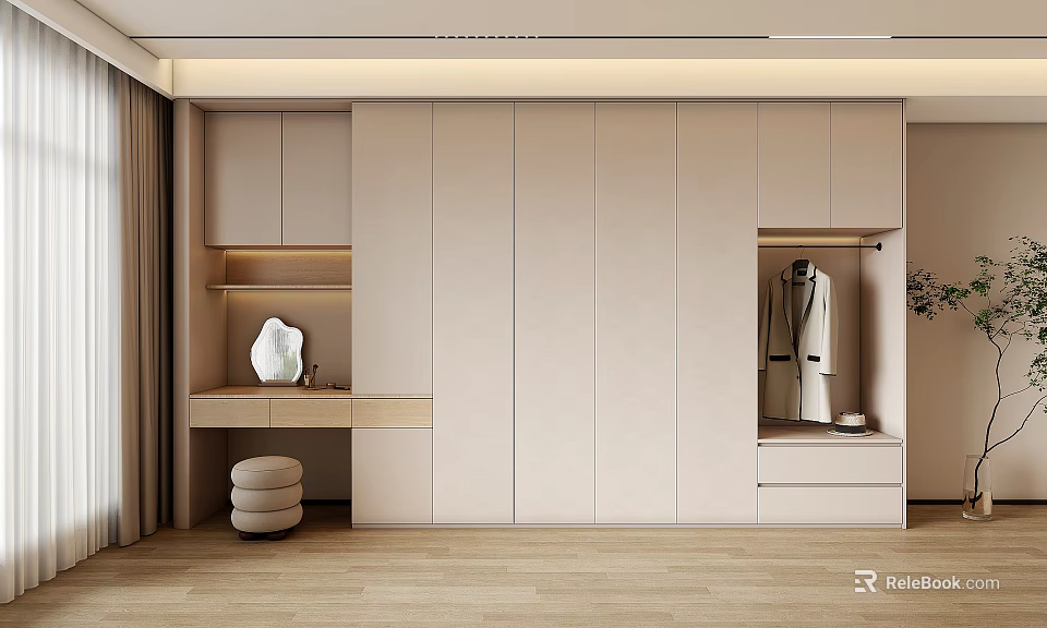 Modern Minimalist Wardrobe Interior With Light Color Finish And Storage Compartments 3d model 
