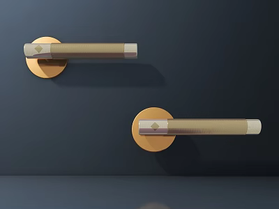 Modern Gold Metal Door Handles With Round Base And Long Bar On Dark Wall 3d model