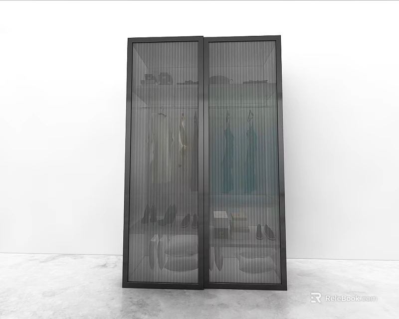 Modern Glass Door Wardrobe With Clothing Storage And Shoe Shelves Design 3d model 