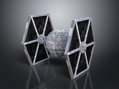 Block Built Space Starfighter Model With Silver Spherical Core And Black Triangular Panels 3d model