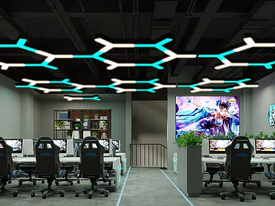 Modern Cyber Cafe With Gaming Computer Setups Comfortable Chairs Large Screens And Neon Lighting 3d model