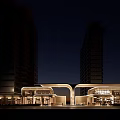 Modern Architectural Entrance With Arch Design Glass Facade High Rise Buildings And Outdoor Trees