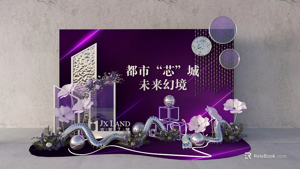 Urban Future Fantasy Photo Check-in Spot With Purple Background Illuminated Elements And Flower Decorations 3d model 