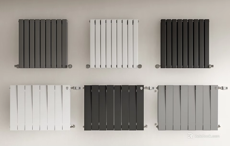 Various Colored Wall Mounted Radiators With Modern Designs Arranged On White Wall 3d model 