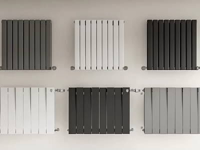 Various Colored Wall Mounted Radiators With Modern Designs Arranged On White Wall 3d model