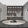 Modern Office Interior With Large Desk Computer Bookshelf Ring Lights Rug And Curved Lighting Design