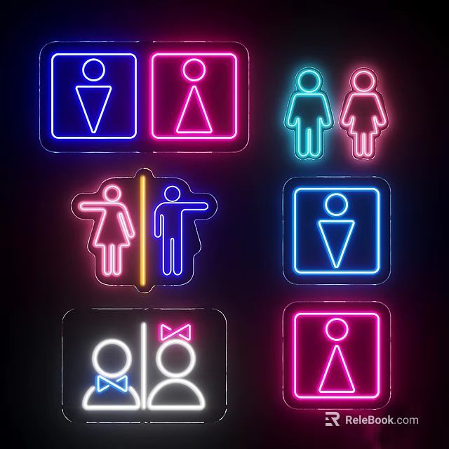 Colorful Neon Restroom Signs With Male Female Icons And Various Designs 3d model 