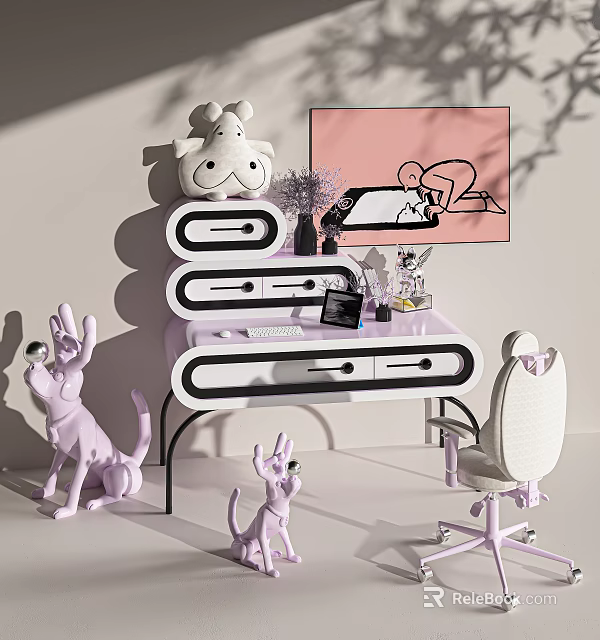 Modern White And Black Desk With Keyboard Picture Frame Purple Flowers And White Chair 3d model 