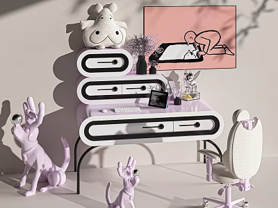 Modern White And Black Desk With Keyboard Picture Frame Purple Flowers And White Chair 3d model