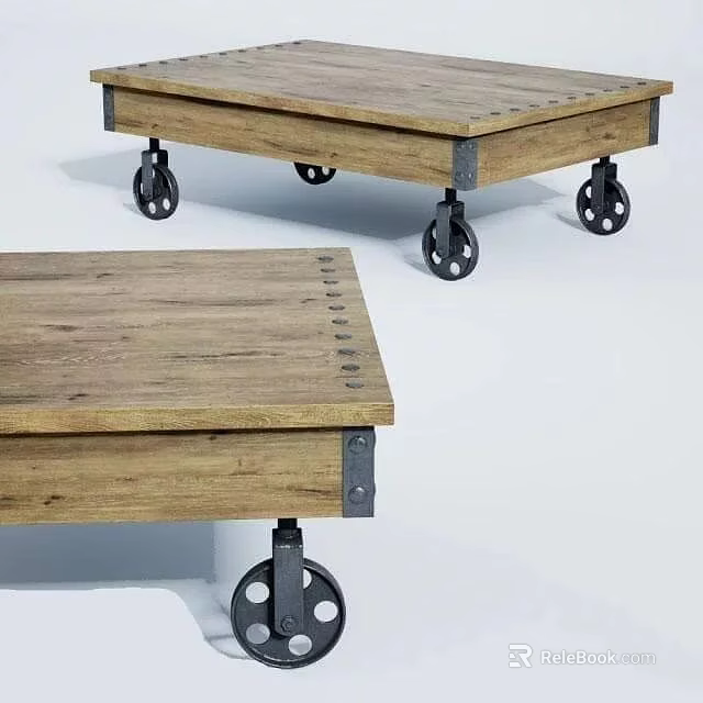 Wooden Industrial Equipment Workbench With Metal Casters And Riveted Design 3d model 