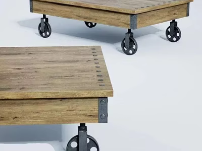 Wooden Industrial Equipment Workbench With Metal Casters And Riveted Design 3d model