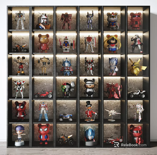 Organized Toy Figurine Collection Display on Illuminated Shelves with Various Characters 3d model 