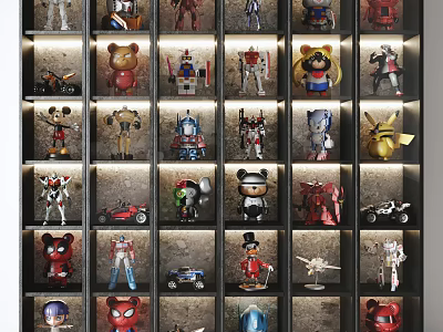 Organized Toy Figurine Collection Display on Illuminated Shelves with Various Characters 3d model