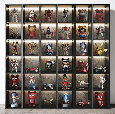 Organized Toy Figurine Collection Display on Illuminated Shelves with Various Characters 3d model