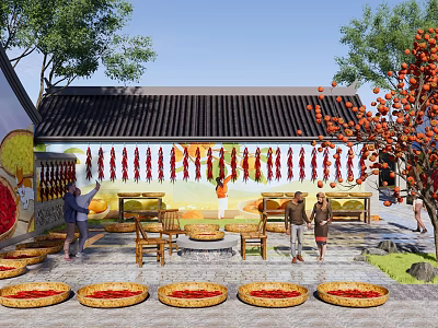 Modern Courtyard Country Courtyard Beautiful Country Wall Painting Folk Culture Color Painting Autumn Harvest Drying Field Drying Pepper Dustpan Persimmon Tree 3d model
