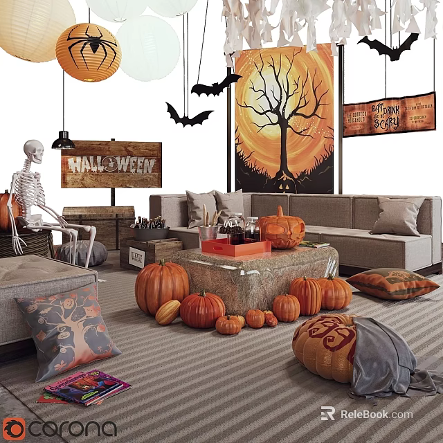 Halloween Themed Living Room Decor With Pumpkins Skeleton And Bat Decorations 3d model 