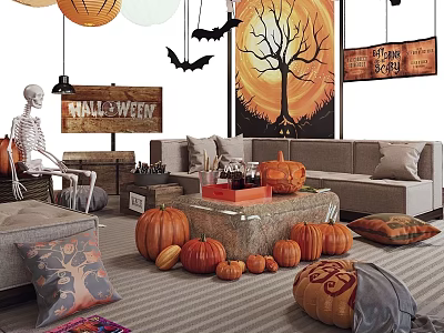 Halloween Themed Living Room Decor With Pumpkins Skeleton And Bat Decorations 3d model