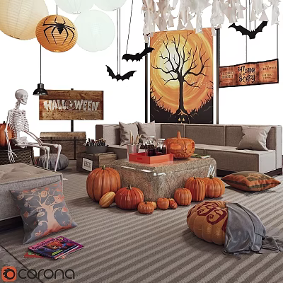 Halloween Themed Living Room Decor With Pumpkins Skeleton And Bat Decorations 3d model
